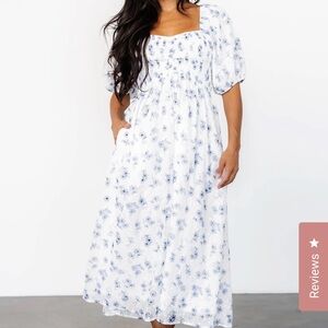Baltic Born White and Blue Smocked Midi Sundress